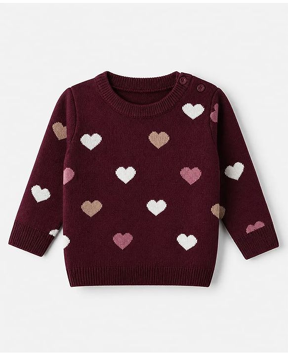 Babyhug Knit Full Sleeves Sweater Set with Full Length and Hearts Design in Wine