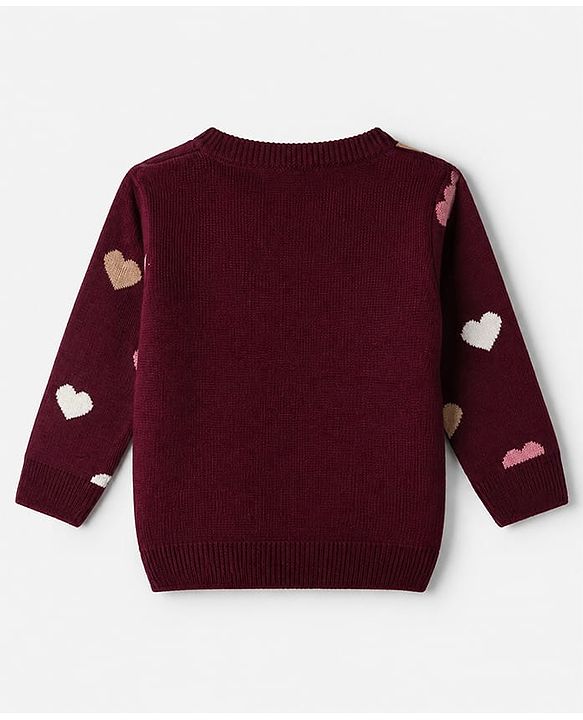 Babyhug Knit Full Sleeves Sweater Set with Full Length and Hearts Design in Wine