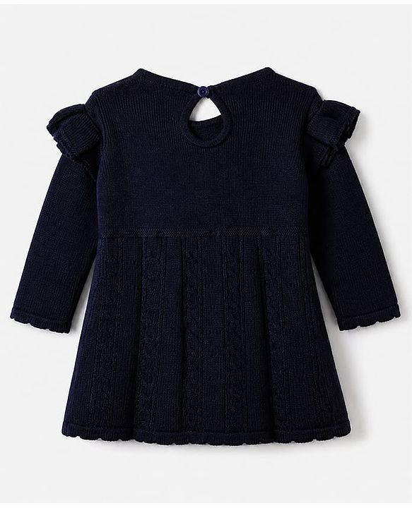 Babyhug Knit Full Sleeves Woolen Dress with Frill Details & Bow Applique - Navy Blue