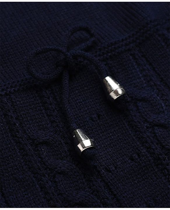Babyhug Knit Full Sleeves Woolen Dress with Frill Details & Bow Applique - Navy Blue