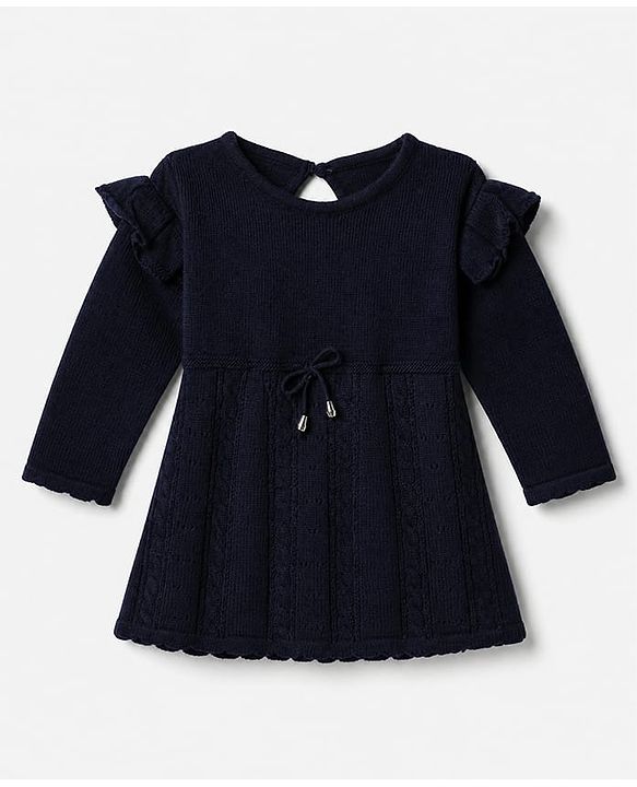 Babyhug Knit Full Sleeves Woolen Dress with Frill Details & Bow Applique - Navy Blue