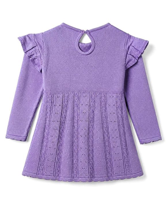 Babyhug Sweater-knit Full Sleeves Woolen Dress with Frill Details and Bow Applique - Lavender