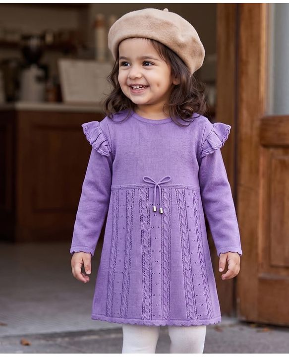 Babyhug Sweater-knit Full Sleeves Woolen Dress with Frill Details and Bow Applique - Lavender
