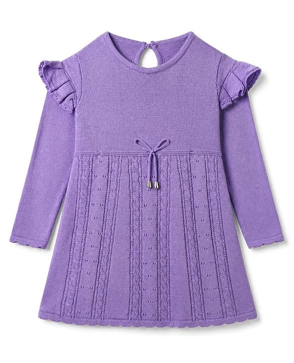 Babyhug Sweater-knit Full Sleeves Woolen Dress with Frill Details and Bow Applique - Lavender
