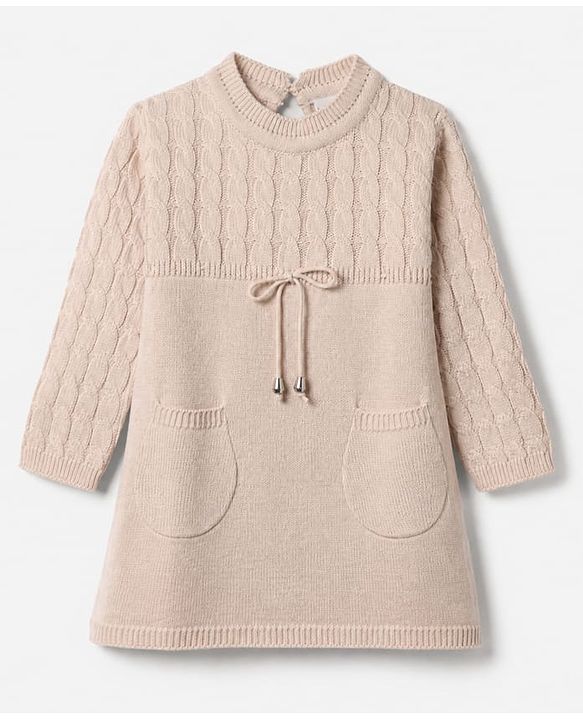 Babyhug Cable Knit Solid Full Sleeves Woolen Dress - Beige