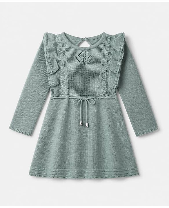 Babyhug Knit Solid Woolen Dress with Full Sleeves - Olive Green