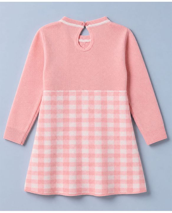 Babyhug Sweater-knit Full Sleeves Checks Woolen Dress with Bow Applique & Frill Detailing - Pink