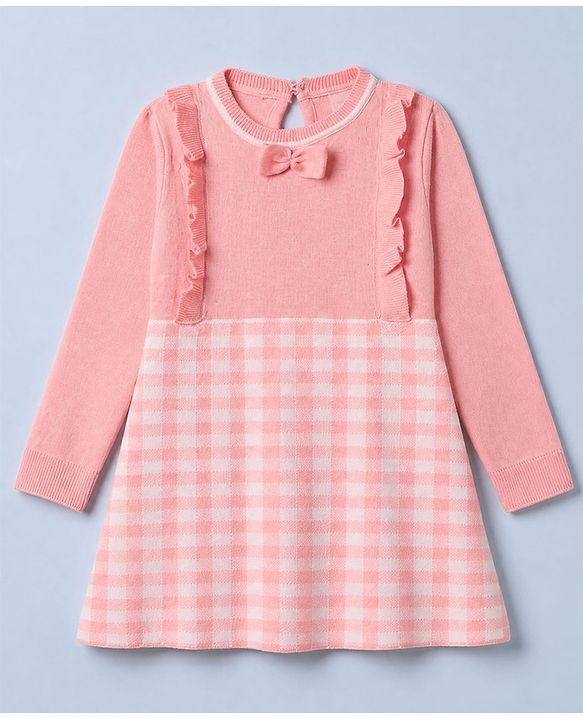 Babyhug Sweater-knit Full Sleeves Checks Woolen Dress with Bow Applique & Frill Detailing - Pink