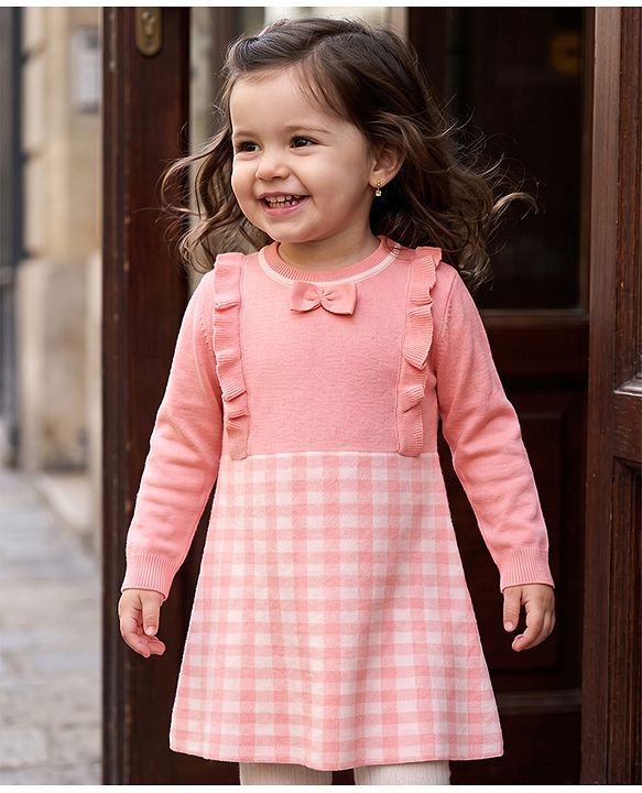 Babyhug Sweater-knit Full Sleeves Checks Woolen Dress with Bow Applique & Frill Detailing - Pink