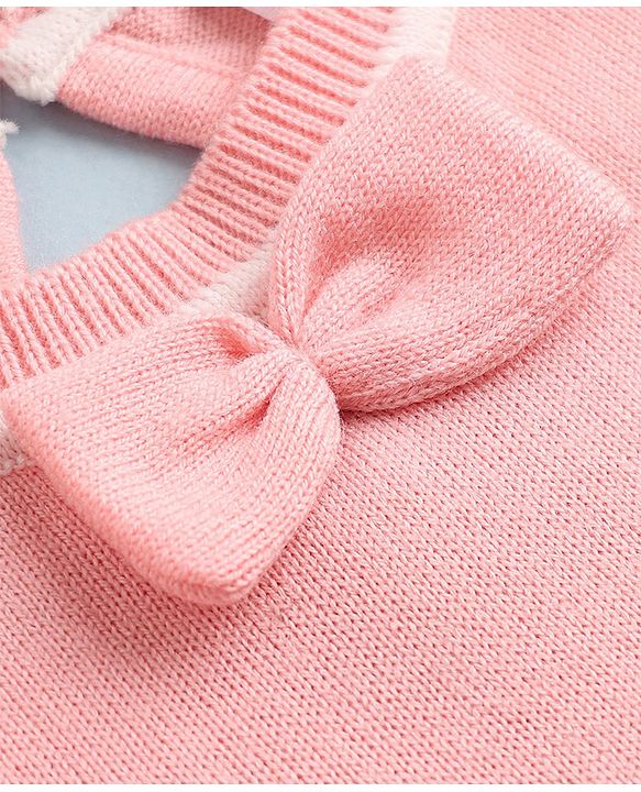 Babyhug Sweater-knit Full Sleeves Checks Woolen Dress with Bow Applique & Frill Detailing - Pink