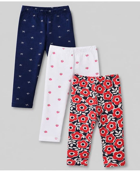 Babyhug Cotton Lycra Elastane Knit Slim Fit Full Length Leggings with Bow, Floral & Strawberry Print Pack of 3 - White, Navy Blue & Red