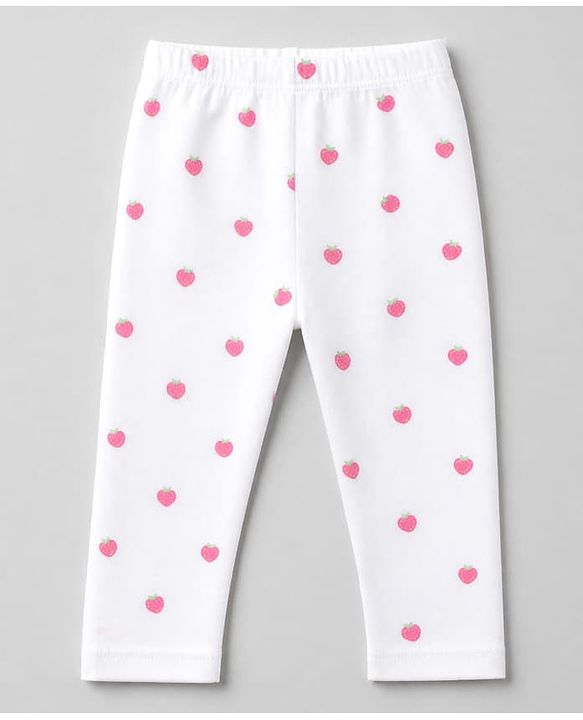 Babyhug Cotton Lycra Elastane Knit Slim Fit Full Length Leggings with Bow, Floral & Strawberry Print Pack of 3 - White, Navy Blue & Red