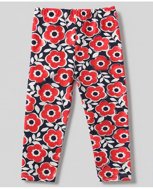 Babyhug Cotton Lycra Elastane Knit Slim Fit Full Length Leggings with Bow, Floral & Strawberry Print Pack of 3 - White, Navy Blue & Red