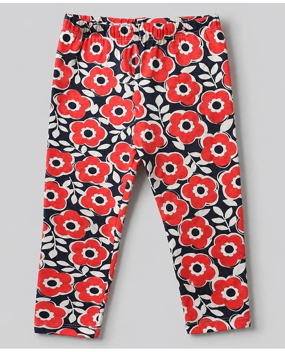 Babyhug Cotton Lycra Elastane Knit Slim Fit Full Length Leggings with Bow, Floral & Strawberry Print Pack of 3 - White, Navy Blue & Red