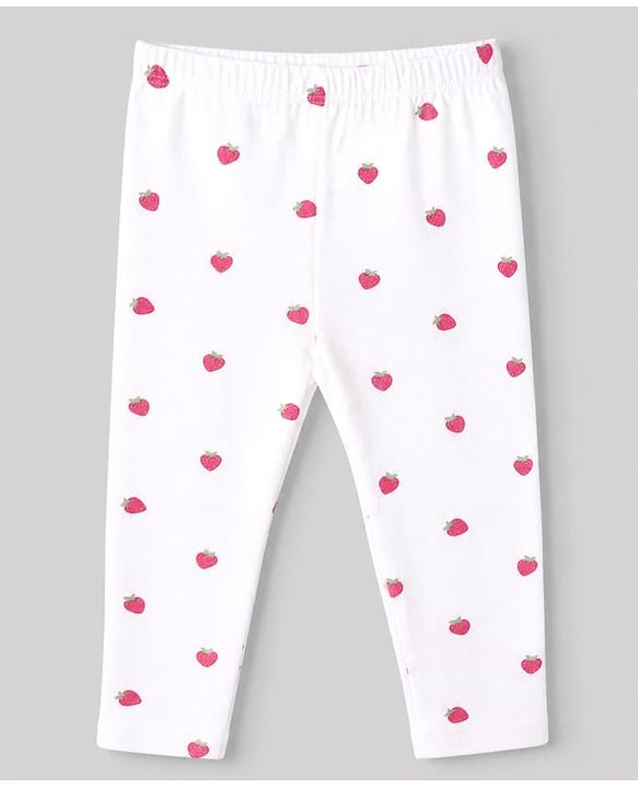 Babyhug Cotton Lycra Elastane Knit Slim Fit Full Length Leggings with Bow, Floral & Strawberry Print Pack of 3 - White, Navy Blue & Red