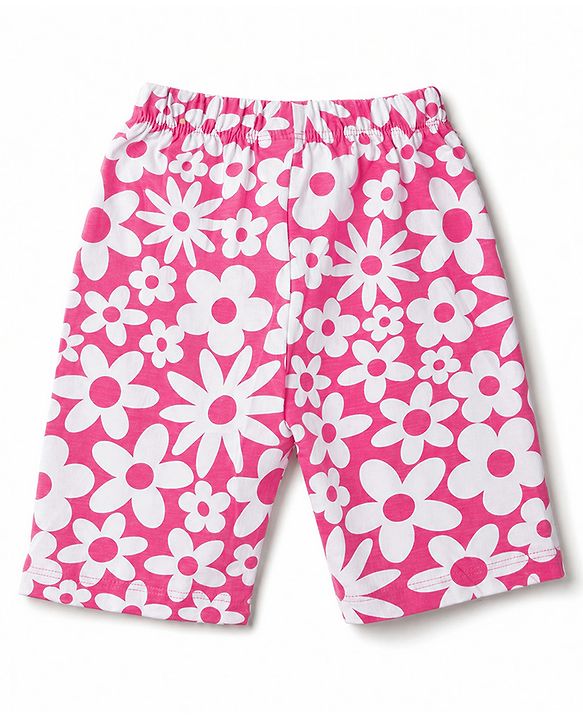Babyhug 100% Cotton Knit Half Sleeves Co-Ords T-Shirt & Capri Night Suit with Floral Print - Pink