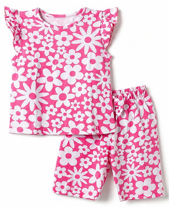 Babyhug 100% Cotton Knit Half Sleeves Co-Ords T-Shirt & Capri Night Suit with Floral Print - Pink