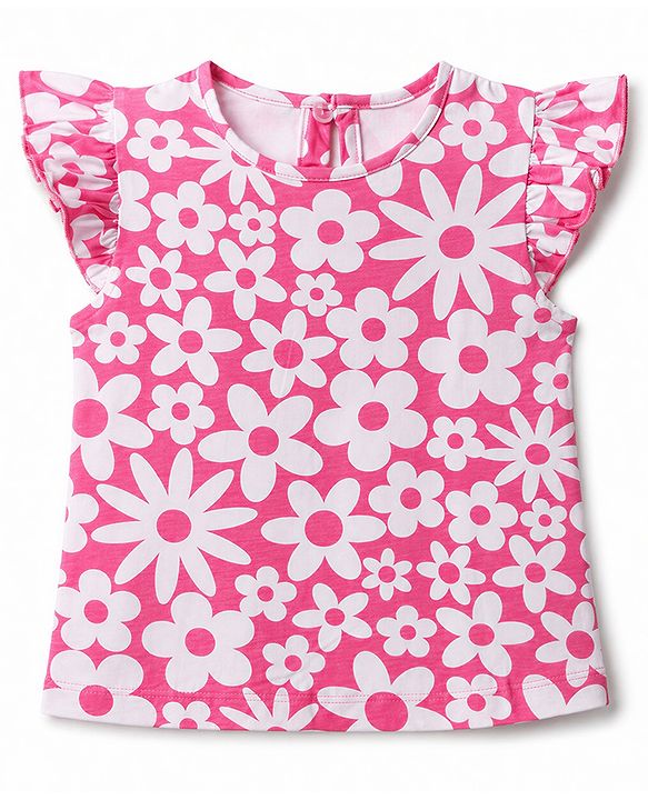 Babyhug 100% Cotton Knit Half Sleeves Co-Ords T-Shirt & Capri Night Suit with Floral Print - Pink