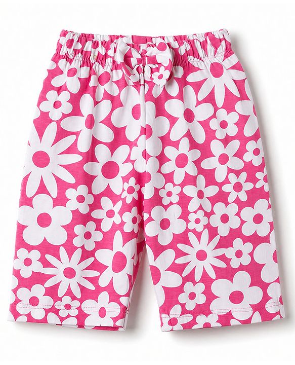 Babyhug 100% Cotton Knit Half Sleeves Co-Ords T-Shirt & Capri Night Suit with Floral Print - Pink