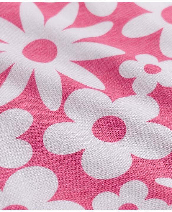 Babyhug 100% Cotton Knit Half Sleeves Co-Ords T-Shirt & Capri Night Suit with Floral Print - Pink