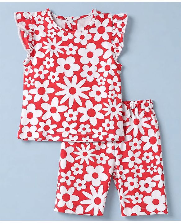 Babyhug 100% Cotton Knit Half Sleeves Top & Capri Co-ords Night Suit With Floral Print - Red