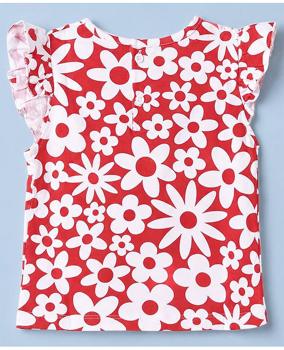 Babyhug 100% Cotton Knit Half Sleeves Top & Capri Co-ords Night Suit With Floral Print - Red
