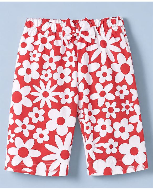 Babyhug 100% Cotton Knit Half Sleeves Top & Capri Co-ords Night Suit With Floral Print - Red