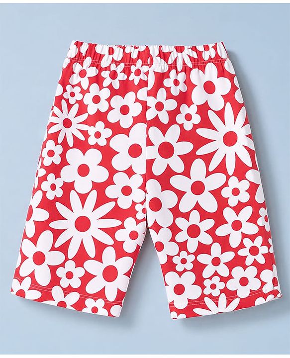 Babyhug 100% Cotton Knit Half Sleeves Top & Capri Co-ords Night Suit With Floral Print - Red