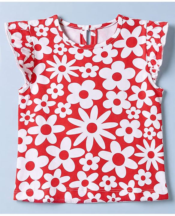 Babyhug 100% Cotton Knit Half Sleeves Top & Capri Co-ords Night Suit With Floral Print - Red