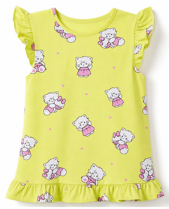 Babyhug 100% Cotton Knit Half Sleeves Nighty with Cat Print - Yellow