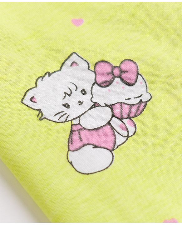 Babyhug 100% Cotton Knit Half Sleeves Nighty with Cat Print - Yellow