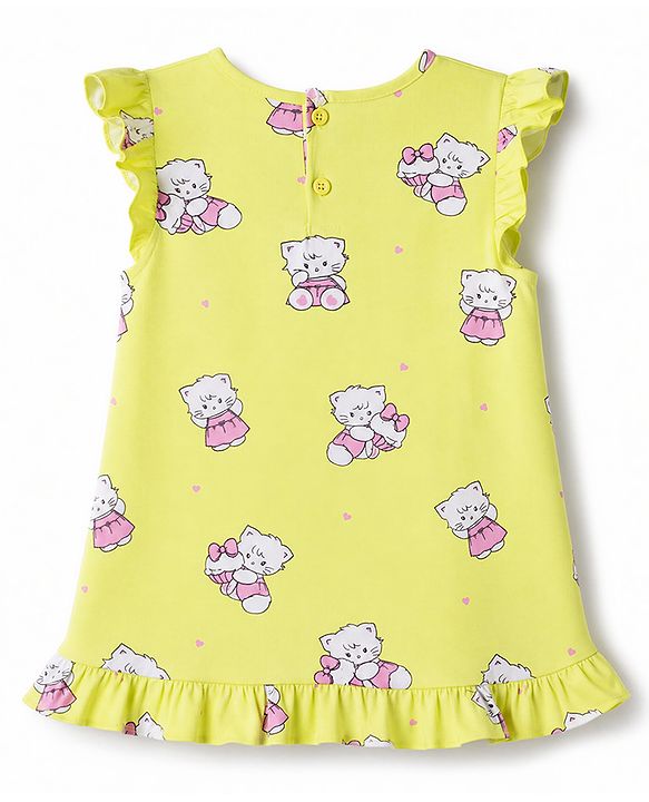 Babyhug 100% Cotton Knit Half Sleeves Nighty with Cat Print - Yellow