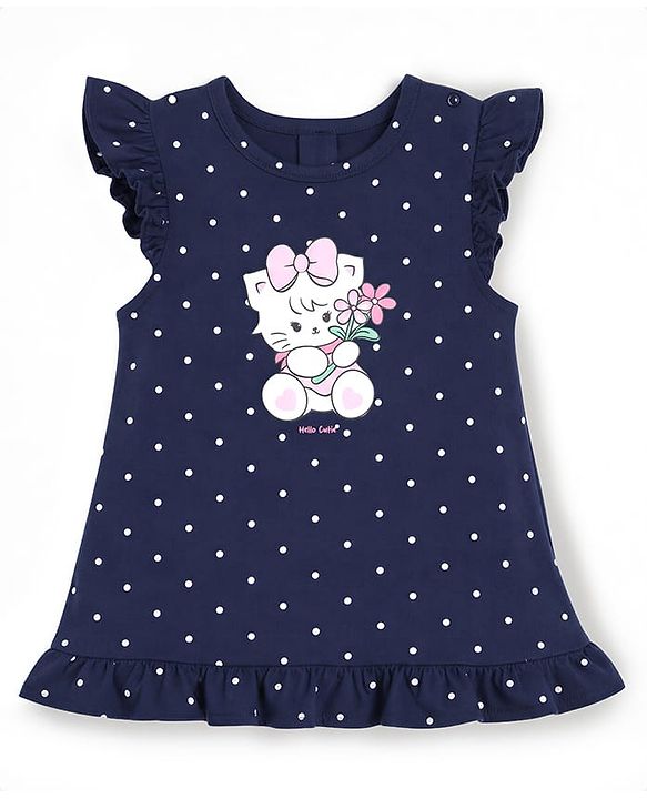 Babyhug 100% Cotton Knit Half Sleeves Nighty With Kitty & Polka Dots Print - Navy Blue