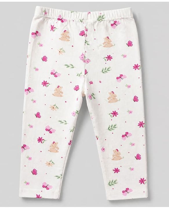 Babyhug Cotton Lycra Elastane Knit Slim Fit Full Length Solid Leggings with Floral & Polka Dots Print Pack of 3 - White, Lilac & Pink
