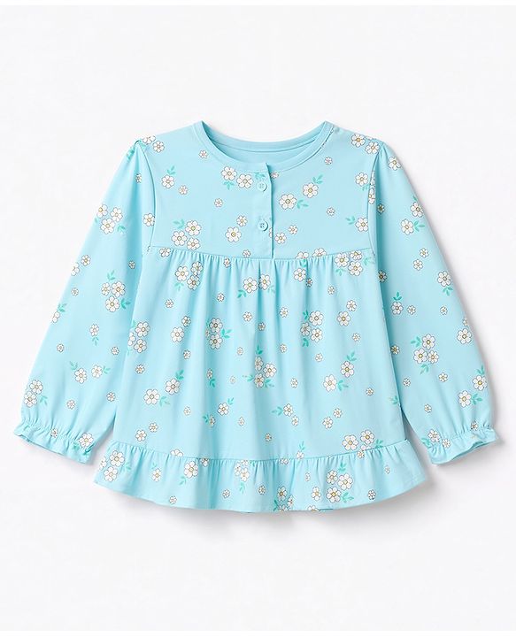Babyhug 100% Cotton Knit Full Sleeves Top & Pyjama Night Suit Co-Ords Set With Floral Print - Light Blue