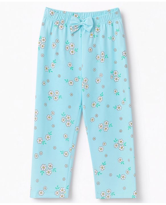 Babyhug 100% Cotton Knit Full Sleeves Top & Pyjama Night Suit Co-Ords Set With Floral Print - Light Blue