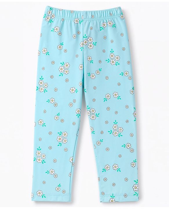 Babyhug 100% Cotton Knit Full Sleeves Top & Pyjama Night Suit Co-Ords Set With Floral Print - Light Blue