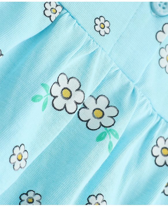 Babyhug 100% Cotton Knit Full Sleeves Top & Pyjama Night Suit Co-Ords Set With Floral Print - Light Blue