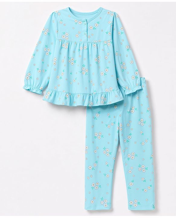 Babyhug 100% Cotton Knit Full Sleeves Top & Pyjama Night Suit Co-Ords Set With Floral Print - Light Blue