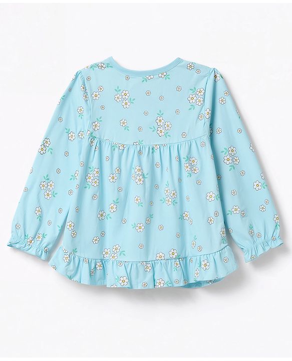 Babyhug 100% Cotton Knit Full Sleeves Top & Pyjama Night Suit Co-Ords Set With Floral Print - Light Blue
