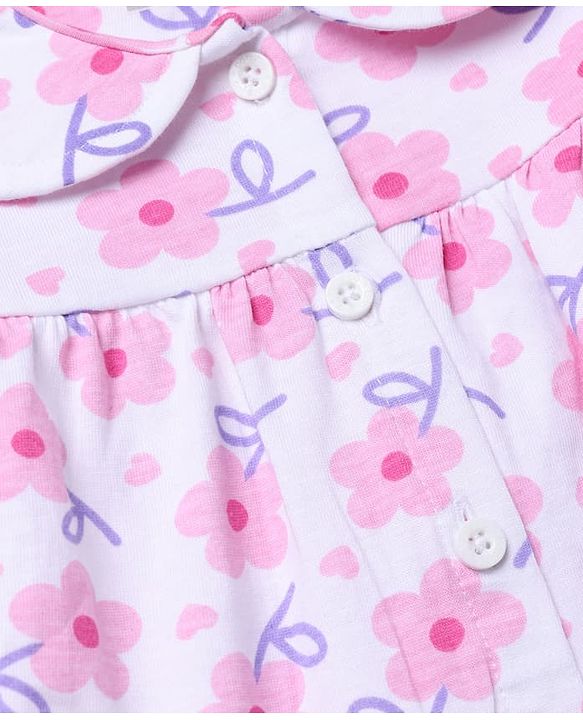 Babyhug 100% Cotton Knit Full Sleeves Co-Ords T-Shirt & Pyjama Night Suit with Floral Print - White & Pink