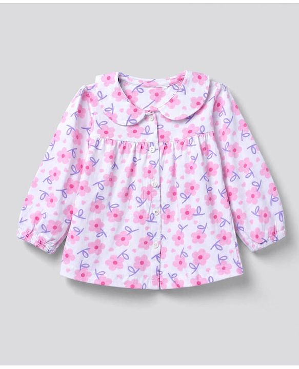 Babyhug 100% Cotton Knit Full Sleeves Co-Ords T-Shirt & Pyjama Night Suit with Floral Print - White & Pink