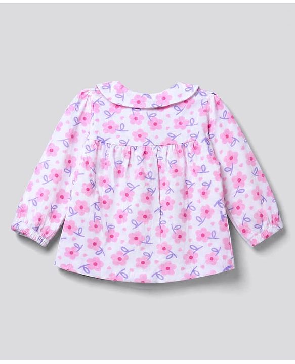 Babyhug 100% Cotton Knit Full Sleeves Co-Ords T-Shirt & Pyjama Night Suit with Floral Print - White & Pink