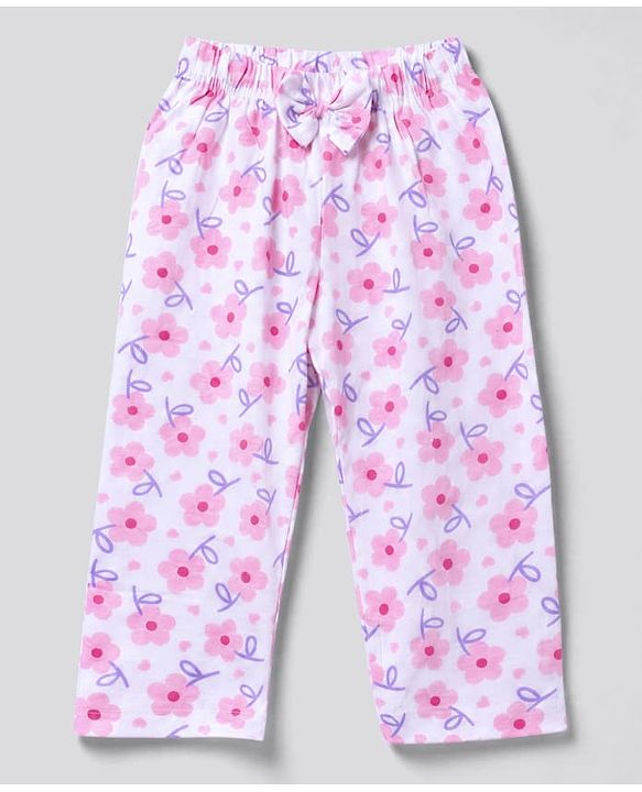Babyhug 100% Cotton Knit Full Sleeves Co-Ords T-Shirt & Pyjama Night Suit with Floral Print - White & Pink