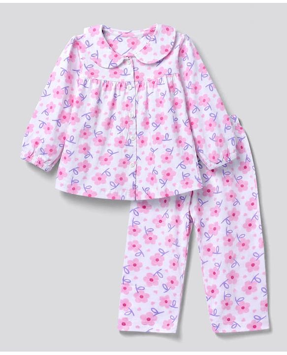 Babyhug 100% Cotton Knit Full Sleeves Co-Ords T-Shirt & Pyjama Night Suit with Floral Print - White & Pink