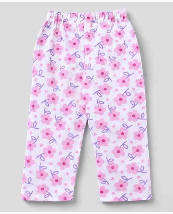 Babyhug 100% Cotton Knit Full Sleeves Co-Ords T-Shirt & Pyjama Night Suit with Floral Print - White & Pink