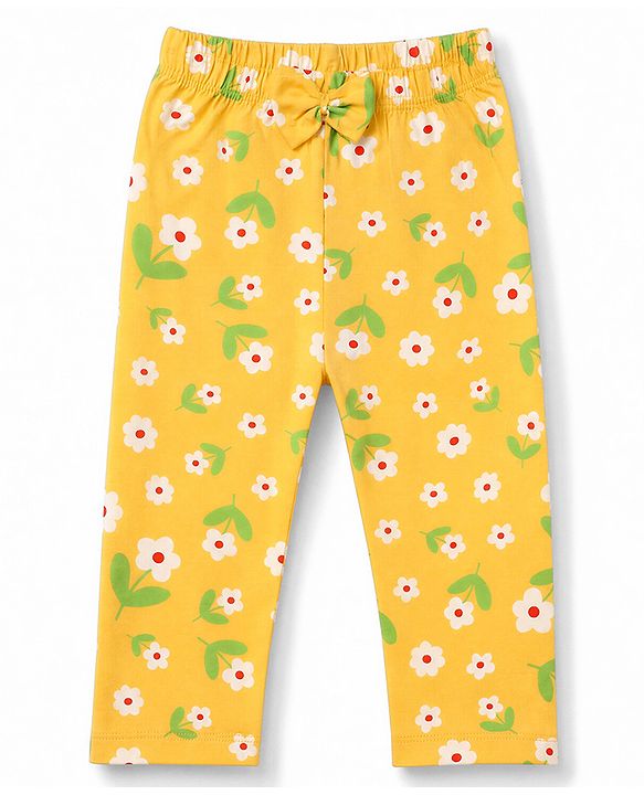 Babyhug 100% Cotton Knit Full Sleeves Co-Ords T-Shirt & Pyjama Night Suit with Floral Print - Yellow