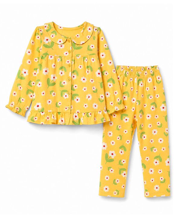 Babyhug 100% Cotton Knit Full Sleeves Co-Ords T-Shirt & Pyjama Night Suit with Floral Print - Yellow