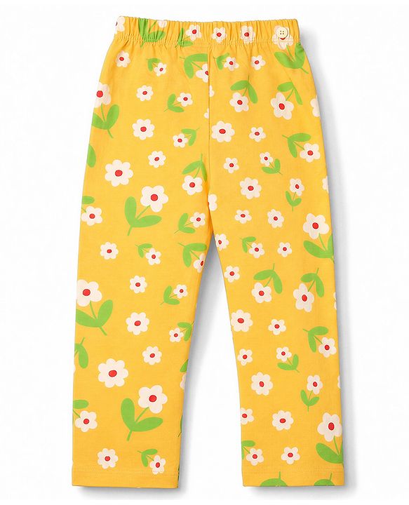 Babyhug 100% Cotton Knit Full Sleeves Co-Ords T-Shirt & Pyjama Night Suit with Floral Print - Yellow