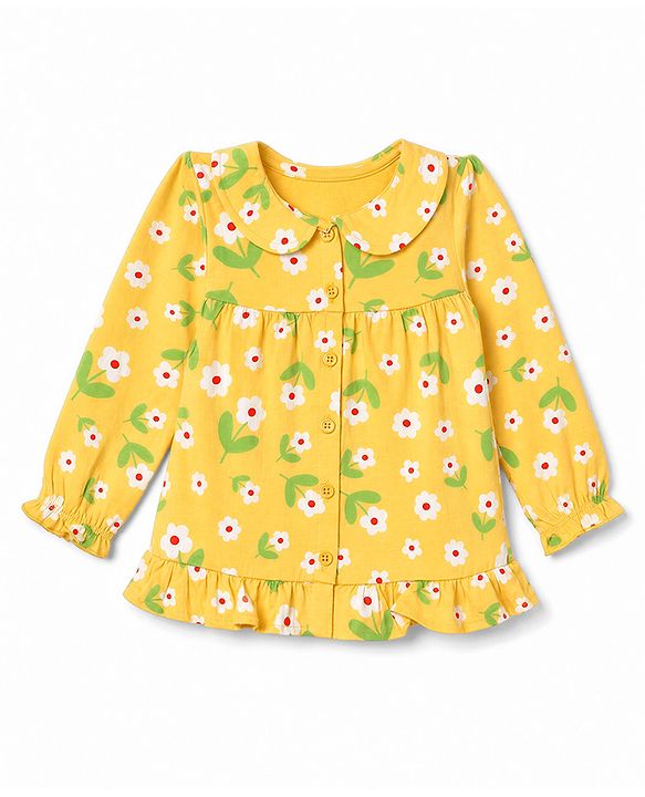 Babyhug 100% Cotton Knit Full Sleeves Co-Ords T-Shirt & Pyjama Night Suit with Floral Print - Yellow